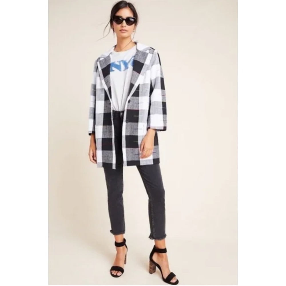Anthropologie The Odells Cairo Plaid Longline Blazer Jacket Black White XS